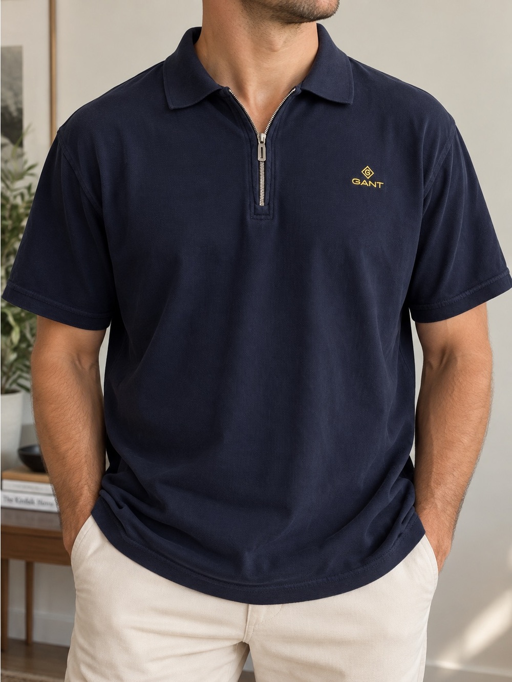 GANT Men’s Navy Quarter Zip Pique Polo Shirt Gold Logo 5XL